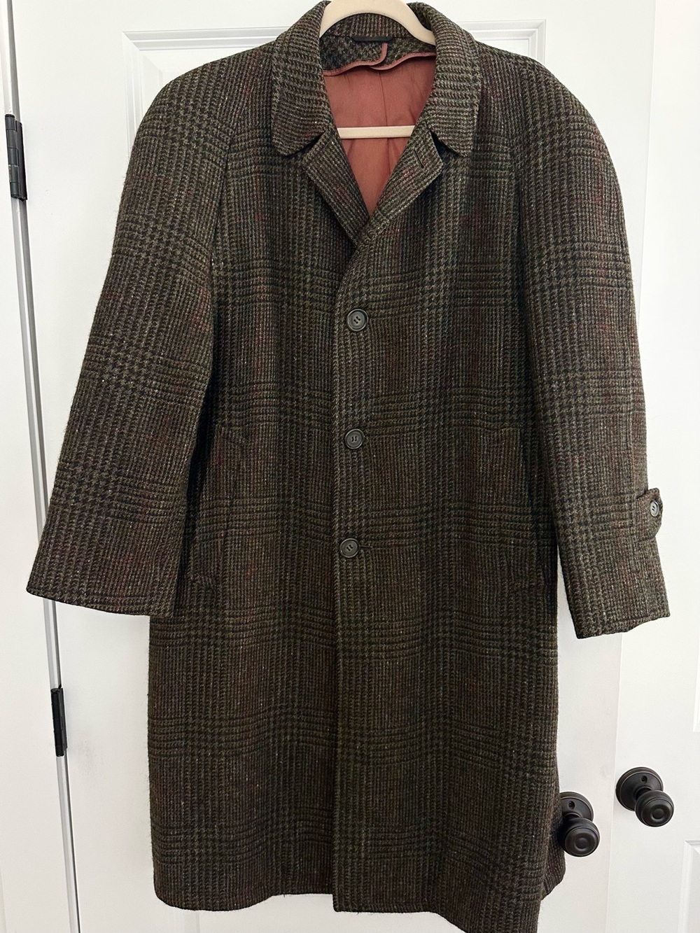 Vintage 1950s Glen Plaid Wool Tweed Brown Balmacaan Overcoat Union Made in USA